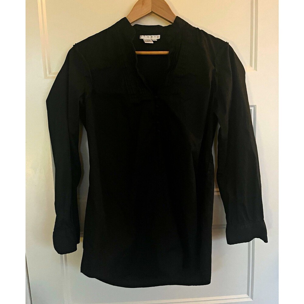 Ninety Black Long Sleeve V-Neck Split Collar Shirt Blouse Tunic Top Women's M